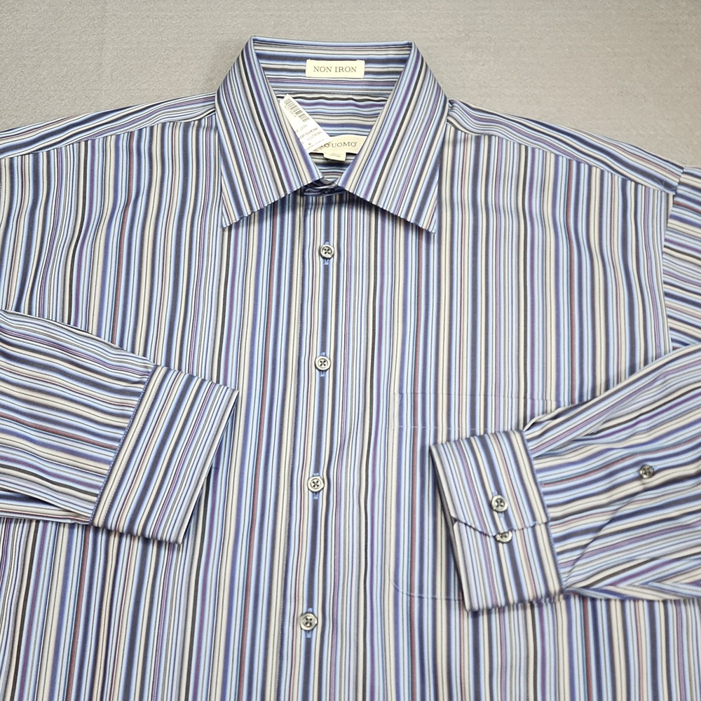 Pronto Uomo Dress Shirt Blue Purple Striped Non Iron‎ Cotton Mens Size L